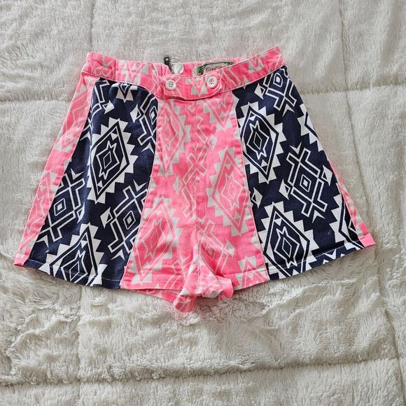 Aztec Patterned Pink and Blue Women's Shorts By Flying Tomato Size XS - Picture 1 of 4